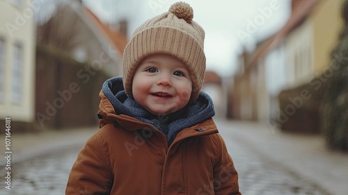 Happy Child Smiling in Winter Outfit on Street