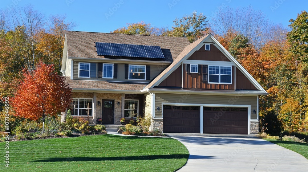 Modern Home with Solar Panels in Autumn Landscape Modern Home with Solar Panels in Autumn Landscape