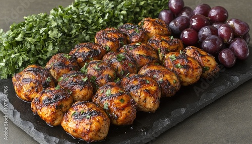 Grilled chicken skewers with parsley and grapes. Perfect for a blog post on summer grilling recipes.