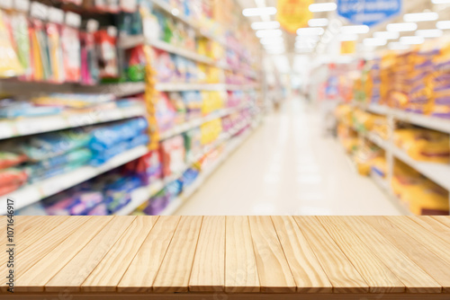 Wallpaper Mural Empty wood table top with spet food shop blurred background Torontodigital.ca