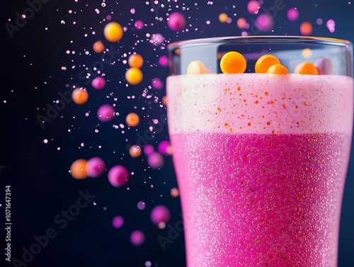 A vibrant pink drink adorned with colorful beads, creating a festive and playful atmosphere. photo