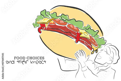 Hand drawn line art vector of man eating burger. Junk food consumption and its impact on human health.