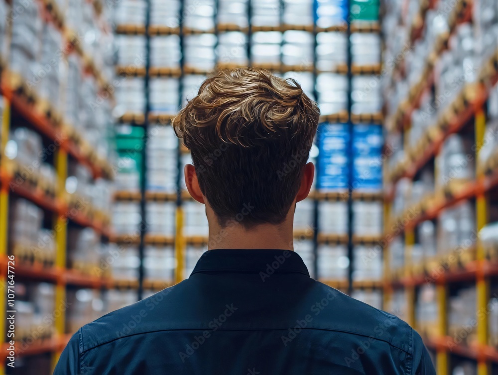 Fototapeta premium A young worker surveys a vast inventory in a modern warehouse, showcasing organization and logistics management.