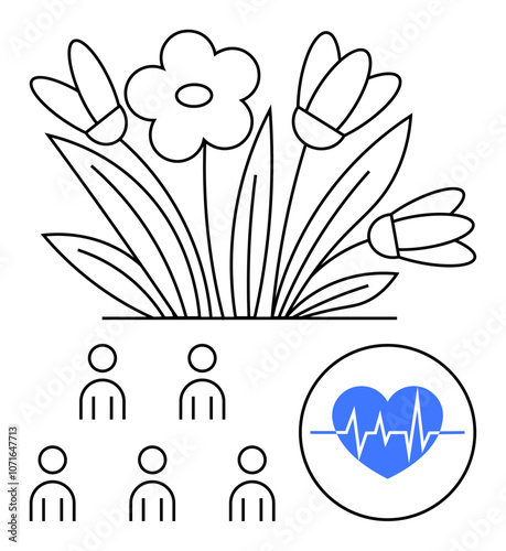 Flowering plants six simple human icons, and a blue heart with a heartbeat line. Ideal for wellness, community, health, nature, growth, group activities, care. Line metaphor