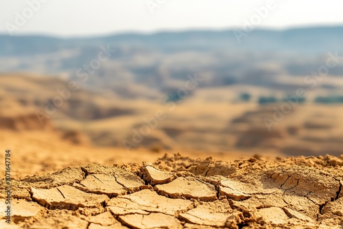 Cracked dry earth with distant rolling hills photo