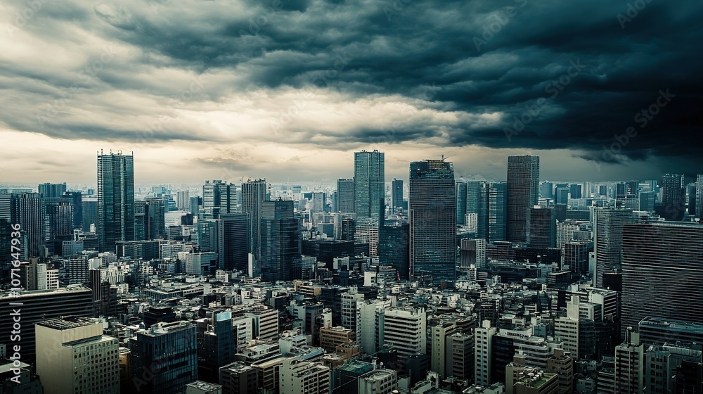 Fototapeta premium Dramatic cityscape under stormy sky with dark clouds