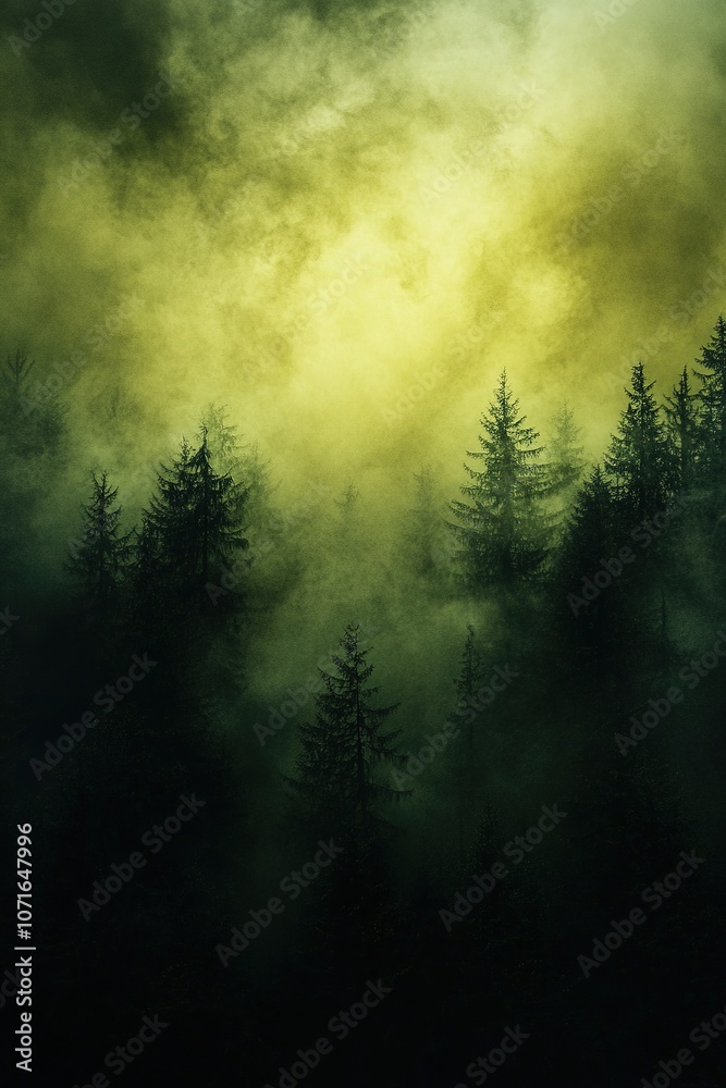 Misty forest scene with green hue and towering pines Misty forest scene with green hue and towering pines