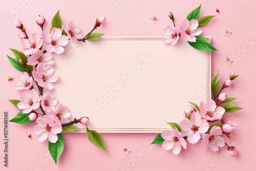 Pink frame with pink blossoms and floral design, featuring flowers, leaves, and petals, perfect for a romantic wedding invitation or spring card