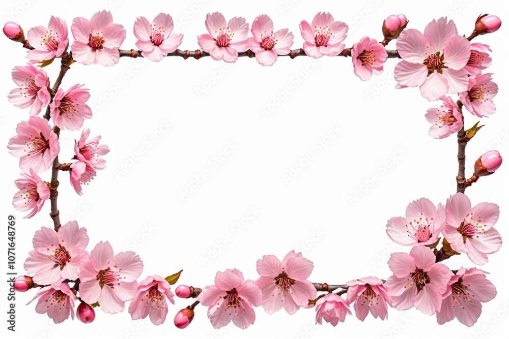 Pink frame with pink blossoms and floral design, featuring flowers, leaves, and petals, perfect for a romantic wedding invitation or spring card Pink frame with pink blossoms and floral design, featuring flowers, leaves, and petals, perfect for a romantic wedding invitation or spring card