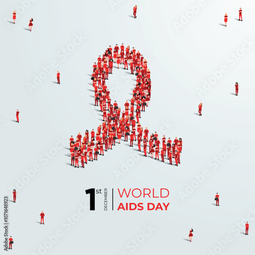 World AIDS Day awareness month concept poster.1st December. Large group of people form to create a red ribbon. Vector illustration.