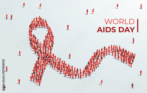 World AIDS Day awareness month concept poster.1st December. Large group of people form to create a red ribbon. Vector illustration.