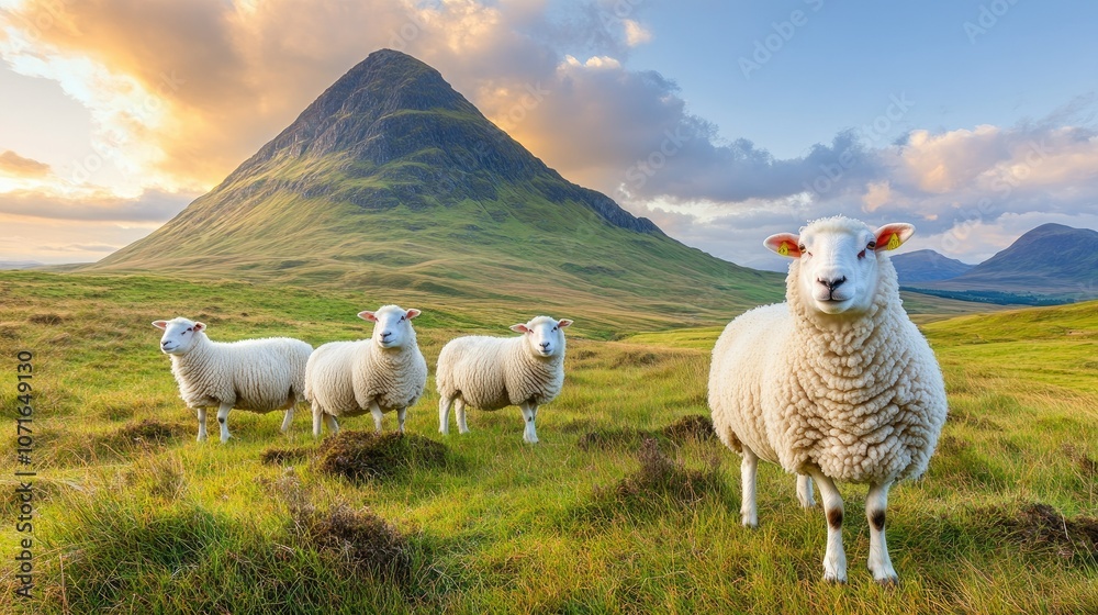 Fototapeta premium Sheep Grazing in Beautiful Mountain Landscape