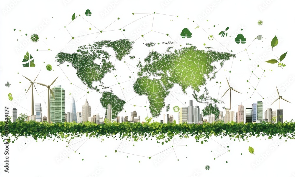 Green world map with eco-friendly buildings and wind turbines blending ...
