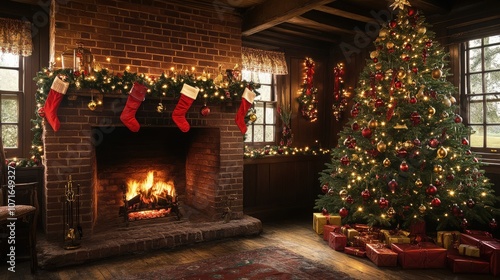 A cozy country-style living room with a brick fireplace, a large Christmas tree adorned with red and gold baubles, and a warm ambiance created by festive garlands and twinkling lights.