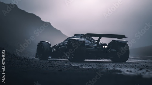 Charcoal Grey F1 Car Prowling Through Misty Cliffside: Dramatic Low Angle Showcasing Massive Rear Wing in Cinematic 8K Quality.