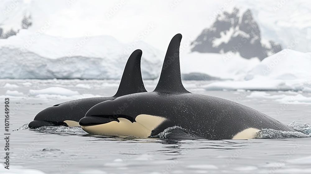 Fototapeta premium Two Orcas Swimming in Icy Waters