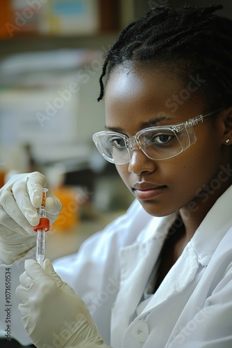 african-american woman in protective epis looking into camera with Vaccines for HIV and malaria photo