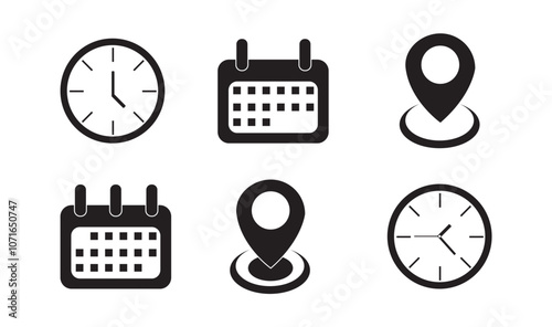 Time, Date, Location icon set. Event icons vector. Location, Calendar & clock multiple black icon set
