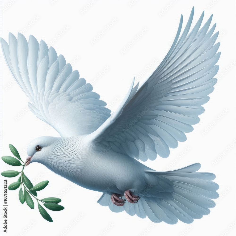 Obraz premium A white dove flying in the sky with olive branch symbolizing peace with wings spread wide