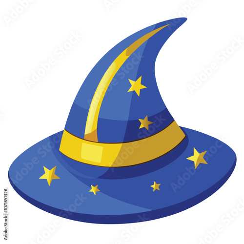 Blue Wizard Hat with Stars & Golden Band – Icon of Magic and Fantasy, Isolated on White Background.