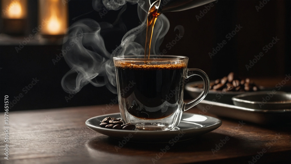 Fototapeta premium Indonesian-style black coffee with visible grounds, served in a simple glass with steam and warm lighting.