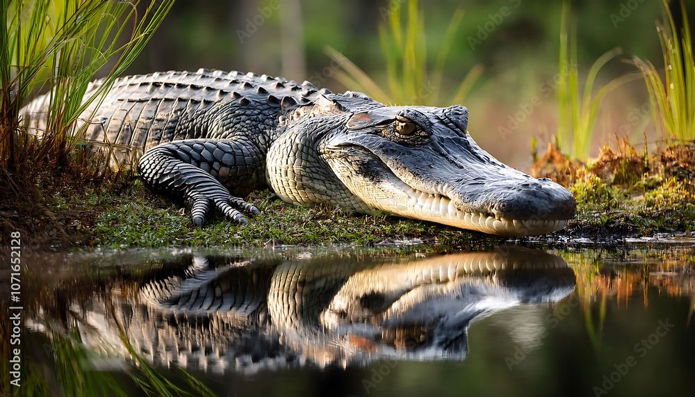 Fototapeta premium Alligator Resting by the Swamp's Edge with Reflective Water