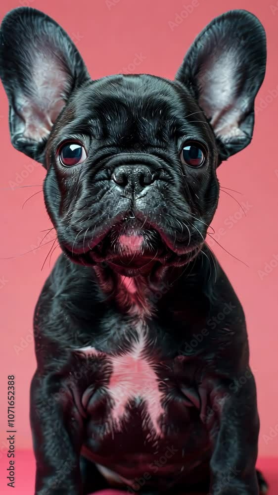 Black french bulldog puppy sitting against pink background, studio portrait. Pet photography and adorable animals concept Black french bulldog puppy sitting against pink background, studio portrait. Pet photography and adorable animals concept