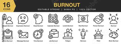 Burnout icon set. Editable Stroke Icon Collection. Includes brain, burnout, calendar, expression, fatigue, head burnout, and More. Outline icons vector collection.