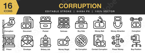 Corruption icon set. Editable Stroke Icon Collection. Includes bribery, buy position, contract, corruption, document, and More. Outline icons vector collection.
