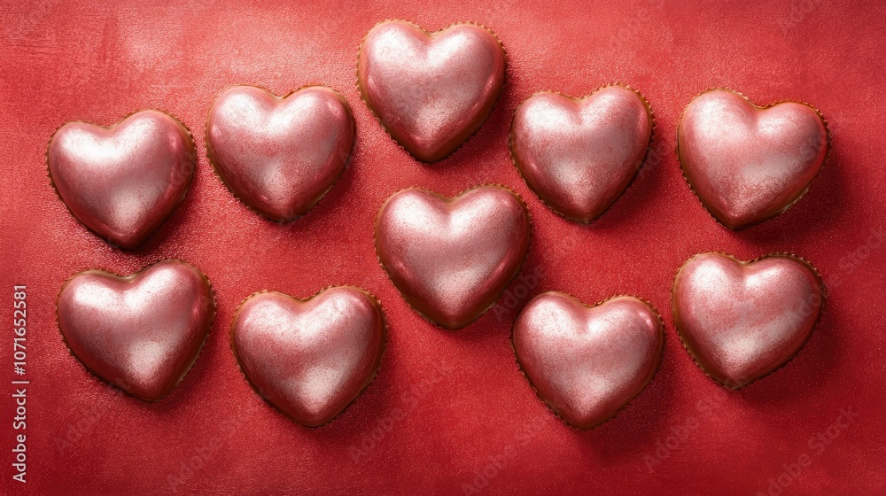 Fototapeta premium Pink Heart-Shaped Chocolates on a Red Surface