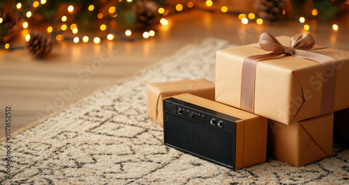 Wrapped Christmas gifts and vintage radio on cozy rug