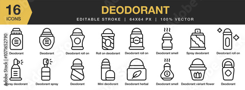 Deodorant icon set. Editable Stroke Icon Collection. Includes deodorant, roll on, smell, spray, mini, and More. Outline icons vector collection.