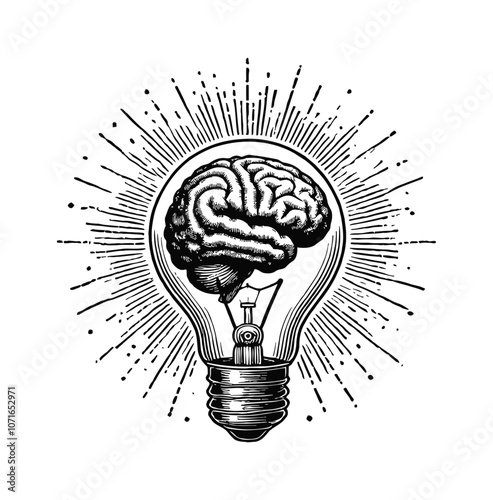 lamp bulb brain engraving black and white outline