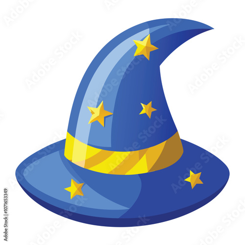 Blue Wizard Hat with Stars & Golden Band – Icon of Magic and Fantasy, Isolated on White Background.