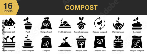 Compost solid icon set. Includes recycle, plant, compost, plant, fertile, and More. Solid icons vector collection.