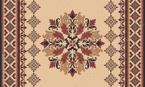 Damask Floral Pattern Vector. Arabesque Cloth .Bandana Print.Silk .Baroque Style .Bohemian Decor Border Embroidery .Carpet Pattern .Cushion Cover ,Damascus Ornament ,Damask Pattern.