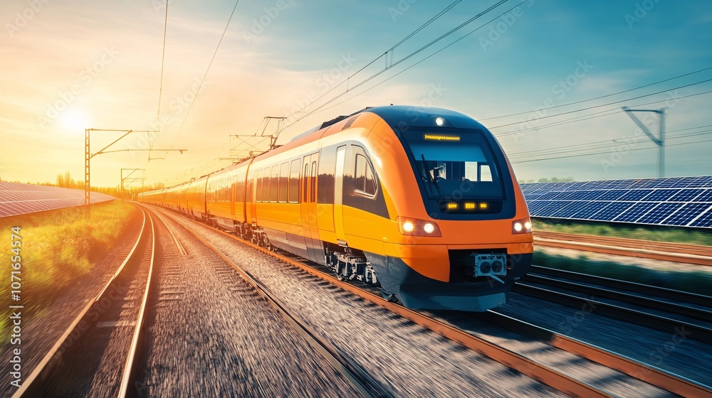 Electric Train Passing by Solar Panels at Sunset