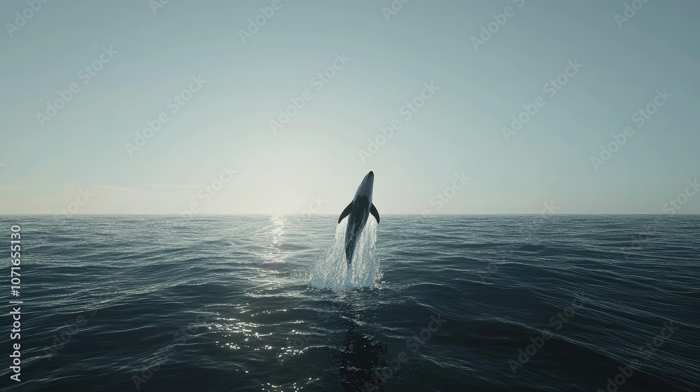 Naklejka premium Majestic Whale Breaching in Calm Ocean Waters