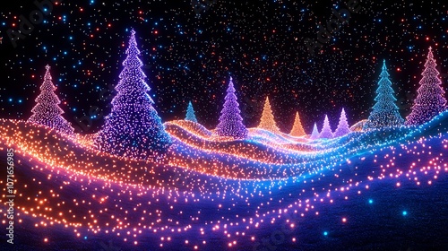 A vibrant winter landscape with illuminated trees in purple, blue, and orange hues, creating a magical and festive atmosphere.