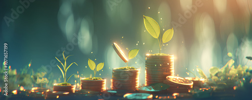 3D visualization of coin stacks arranged from short to tall, each with a green plant sprouting, symbolizing gradual wealth accumulation. Blurred background with room for text photo