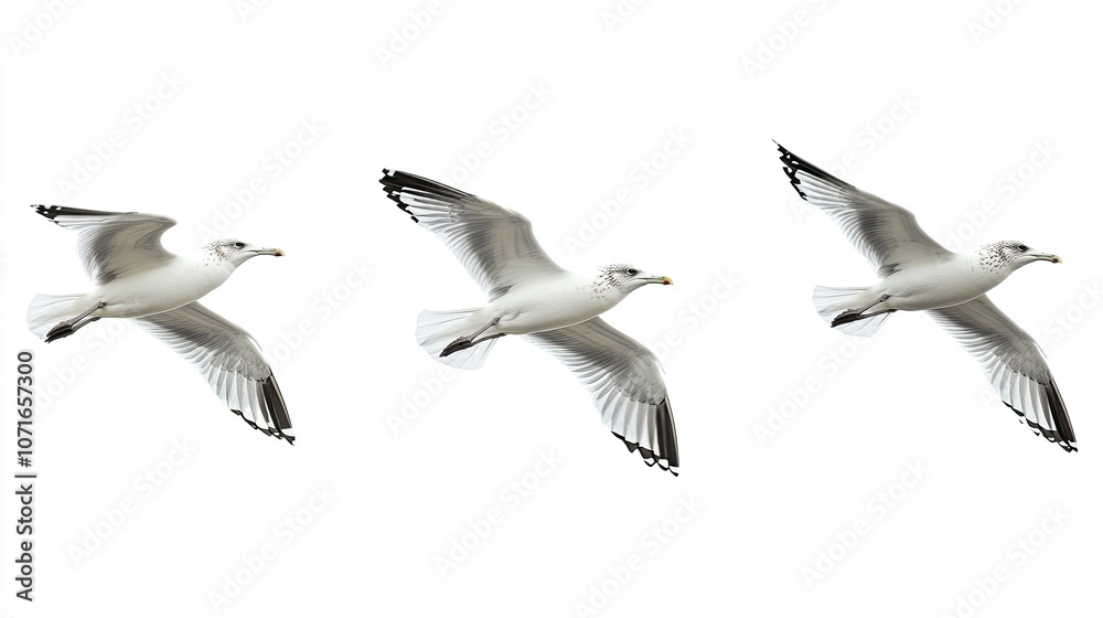 A group of doves flying in the sky isolated on transparent or white background