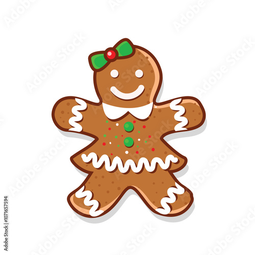 Gingerbread girl with green hair ribbon vector isolated on white background, stylish vector illustration that can be used to design Christmas greeting cards or all your design needs with a Christmas 