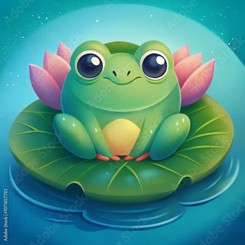 frog on a leaf, Animal icon, iconography, Cute Baby Animals Cartoon Vector, Sticker. photo