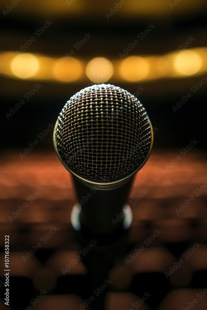 Obraz premium Microphone Ready for Audience Questions in Dim Lighting