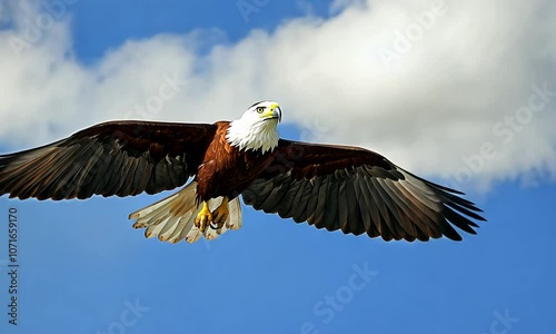 A brown and white eagle with its wings spread wide, soaring against a bright blue sky.