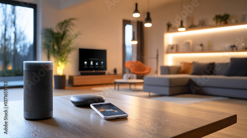 Aplicación móvil de control para altavoz inteligente en mesa de sala moderna con decoración minimalista

