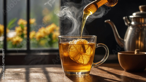 Ginger tea in a glass cup with a spoonful of honey on the side, steam rising and cozy, natural lighting.