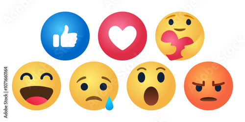 Facebook Like Reaction Emoji Buttons Colorful Icon Set. Social Media Emoticon Icons Collection Vector photo