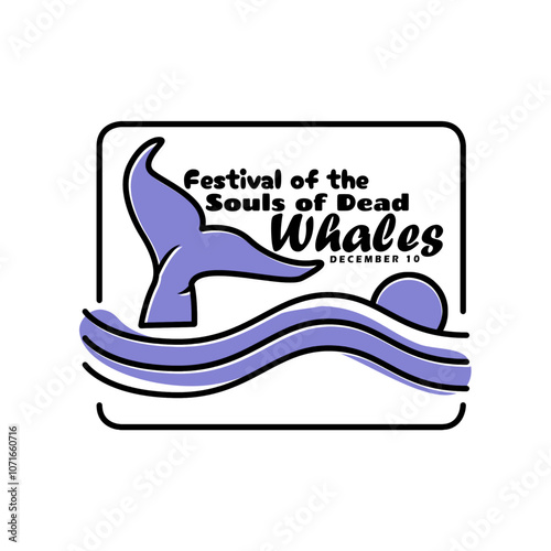 Festival for the Souls of Dead Whales to celebrate on December 10th. Illustration of a whale's tail fin in the sea at sunset.