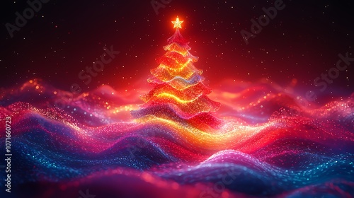 A glowing, vibrant Christmas tree surrounded by shimmering waves of colorful light, evoking a magical holiday atmosphere.